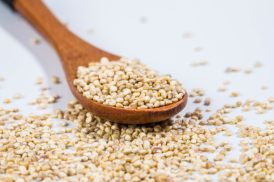 放着木勺上的五谷白色藜麦