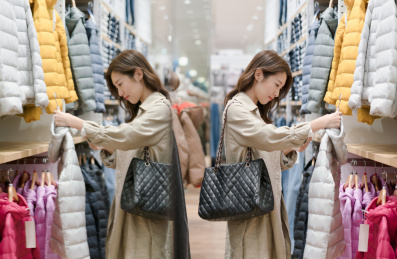 亚洲女青年在商店里挑选羽绒服