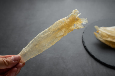 黑色背景上手拿金黄色的鳘鱼胶 