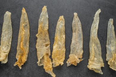 黑色背景上一堆金黄色的鳘鱼胶 