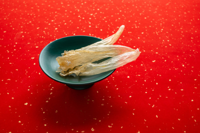 红色背景上一盘金黄色的花胶鳘鱼胶