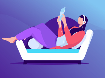 沙发上听音乐的女孩， 手绘扁平人物场景创意概念插画