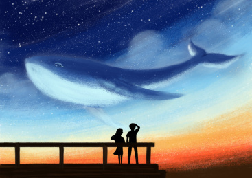 黄昏时刻情侣看到天空中的鲸鱼