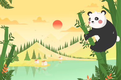 卡通大熊猫爬竹子风景中国风矢量背景插画