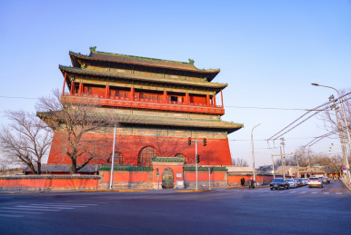北京鼓楼前的十字路口和车辆