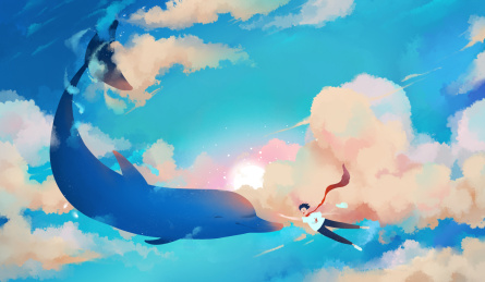 海豚和男孩在空中嬉戏 唯美日系插画