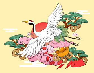 松鹤祥云传统中国风吉祥国潮插画