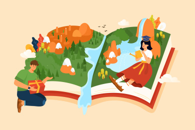 卡通在线教育课程学生读书学习矢量背景插画