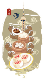 上海城市地标建筑美食插画