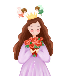 女生捧着玫瑰花 小精灵为她戴皇冠