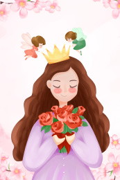 女生捧着玫瑰花 小精灵为她戴皇冠