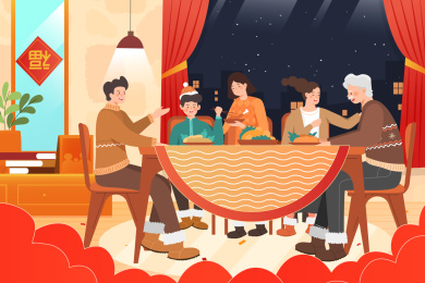 卡通2020鼠年新年家人年夜饭活动背景矢量插画