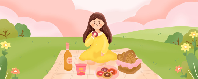 春天一个小女孩在草坪上野餐吃东西