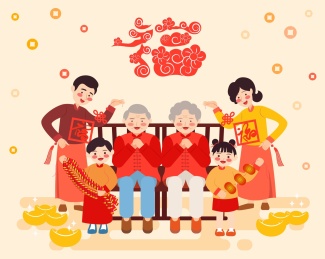 幸福满堂一家6口人穿着喜庆一起拍全家福