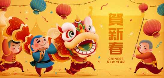 大头佛戏舞狮新春贺图