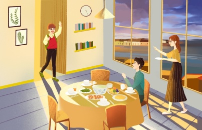 一家人在日落时分愉快的准备用餐