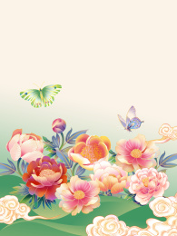 手绘的牡丹蝴蝶插画背景海报