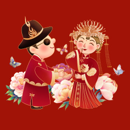 中式夫妻结婚手绘插画人物背景