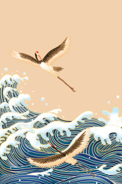 仙鹤和海浪的国潮手绘插画