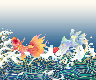 金鱼和海浪的国潮手绘插画