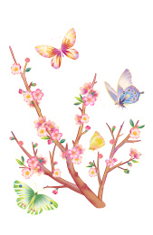 手绘的桃花蝴蝶插画背景元素