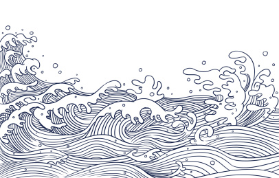 金鱼和海浪的国潮手绘插画