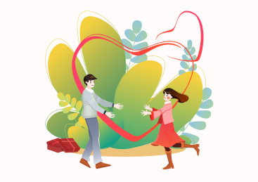 情侣向彼此奔跑植物背景插画