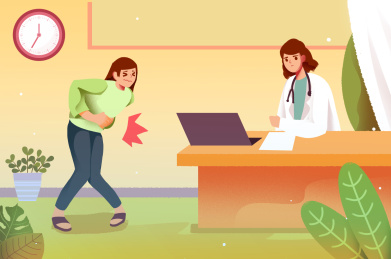 女人腹痛诊所求助医生插画