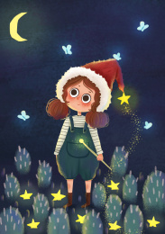 手里拿着星星棒戴着帽子看月亮的小女孩