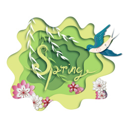 春季剪纸风燕子和柳树元素插图
