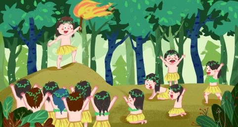 原始部落举着火把朝拜