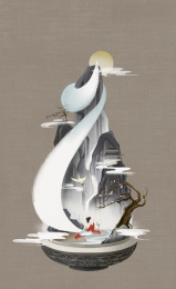 狐狸幻化成女子山水中国画