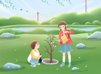 黄色衣服男孩与红色衣服女孩春天在绿色草坪上种树浇水的植树节插画