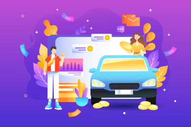 卡通汽车保险买车促销电商活动矢量背景插画