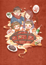 春节火锅全家福插画