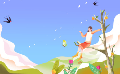 春天惊蛰节气女子坐树上插画