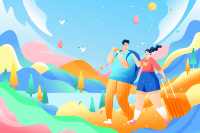卡通春季情人节情侣旅游风景矢量背景插画
