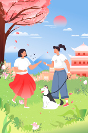 卡通清新妇女节女生节风景背景矢量插画