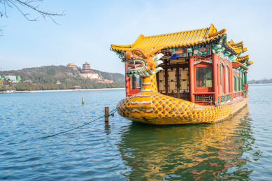北京颐和园昆明湖上停泊的龙船