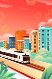 卡通新年春节春运活动城市交通背景矢量插画