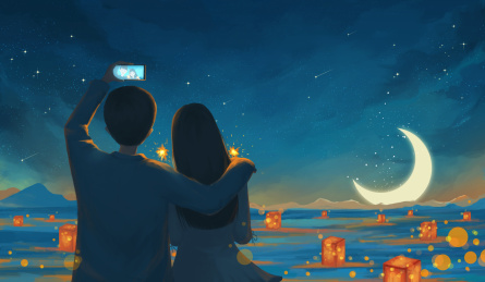 美丽的夜晚相拥自拍的情侣 情人节插画