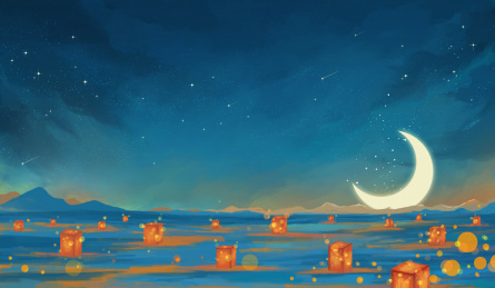 蓝色夜晚的地上有橙色的灯 插画场景