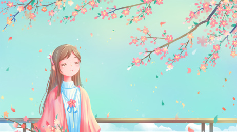 春天，少女赏玩绽放的樱花