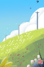 春天绿色草地斜坡场景插画