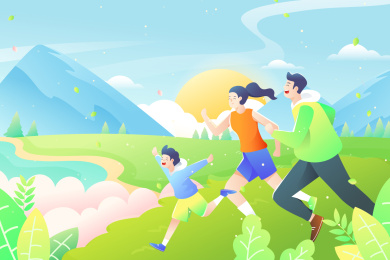 卡通立春出行踏青家人跑步风景背景矢量插画