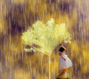 避雨的小女孩 树下