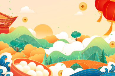 卡通元宵节快乐城市背景中国风矢量插画