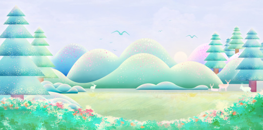 春天太阳照耀整片森林，小鹿在山坡下花丛边休息插画背景