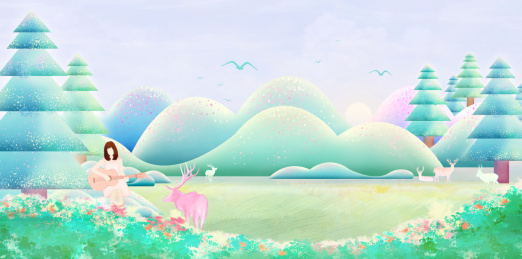 春天的早晨，一位少女在森林里弹吉他引来小鹿围观插画背景