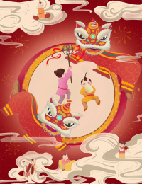 福娃舞双狮过新春国风插画